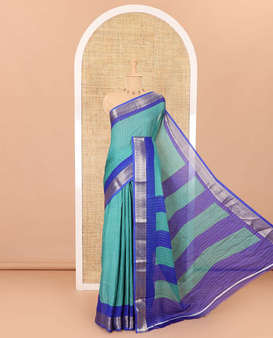 Rama vertically striped moss chiffon saree with contrast traditional zari design borders, striped pallu, and a contrast blouse