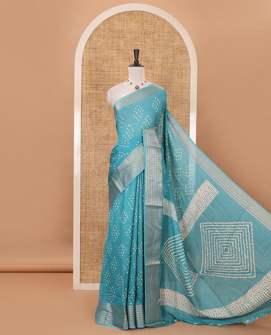 Blue Bandhani motifs printed viscose moss chiffon saree, zari design border, shibori-style pallu & blouse of zari & print work