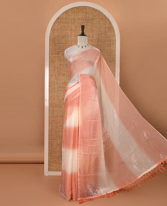 Borderless orange tie-dye-style printed fendy satin saree, self-pallu with tassels & plain blouse