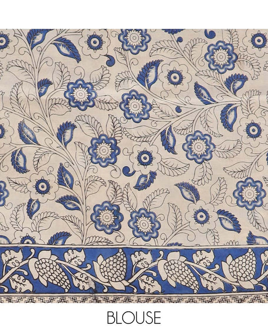 Brown floral vine design machine printed kalamkari cotton saree with contrast floral border & intricate design pallu