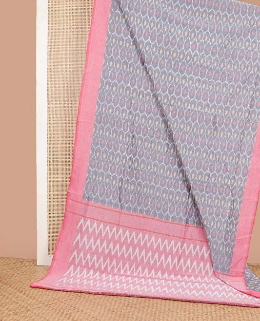 Grey jaal design ikkat cotton saree with contrast border & chevron design pallu