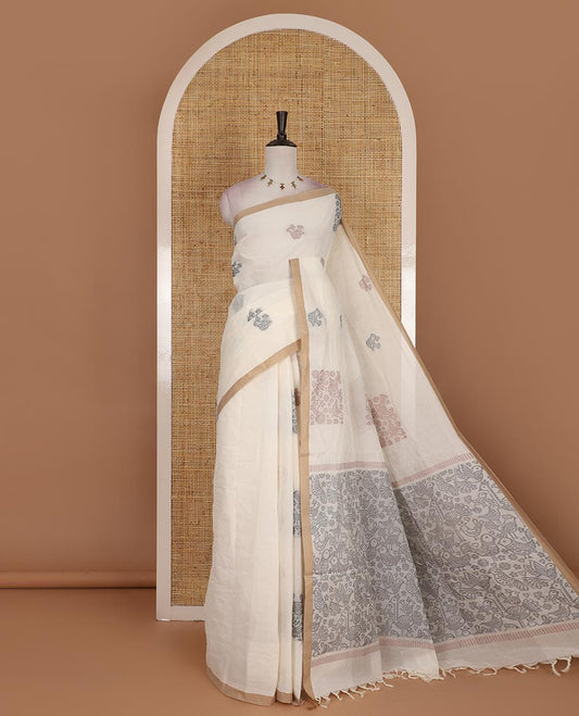 Cream bird motifs printed Handloom cotton saree, contrast piping border, pallu of bird motifs print, and a matching blouse