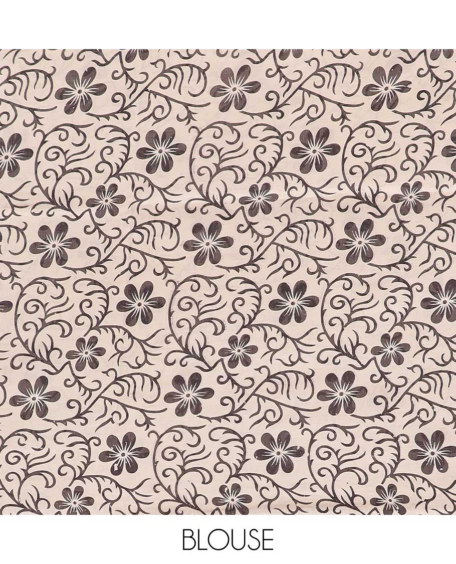 Black hand motifs machine-printed kalamkari cotton saree with contrast human design border & floral, peacock design pallu
