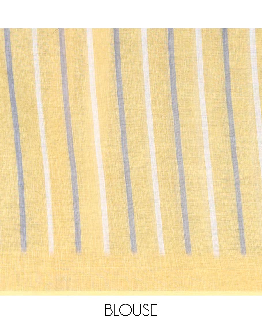 Grey Linen Saree, Subtly Sparkled with Stripes on Its Body, Complemented by a Contrast Border, Subtly Striped Pallu, and Comes with a Contrast Blouse