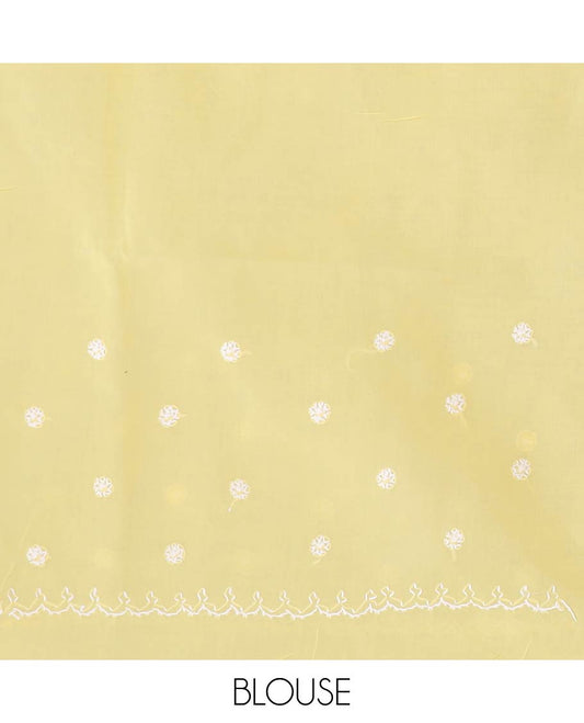 Yellow flower embroidery lucknowi chikankari cotton saree scallop design border & floral embroidered pallu