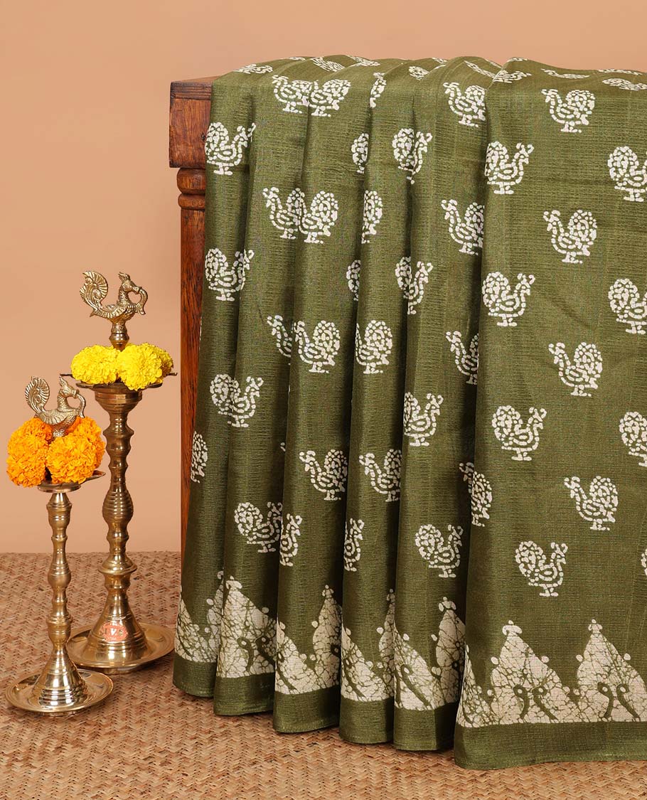 Green all-over pathik peacock print semi Khadi silk saree with pathil temple border & printed rich pallu along with printed blouse