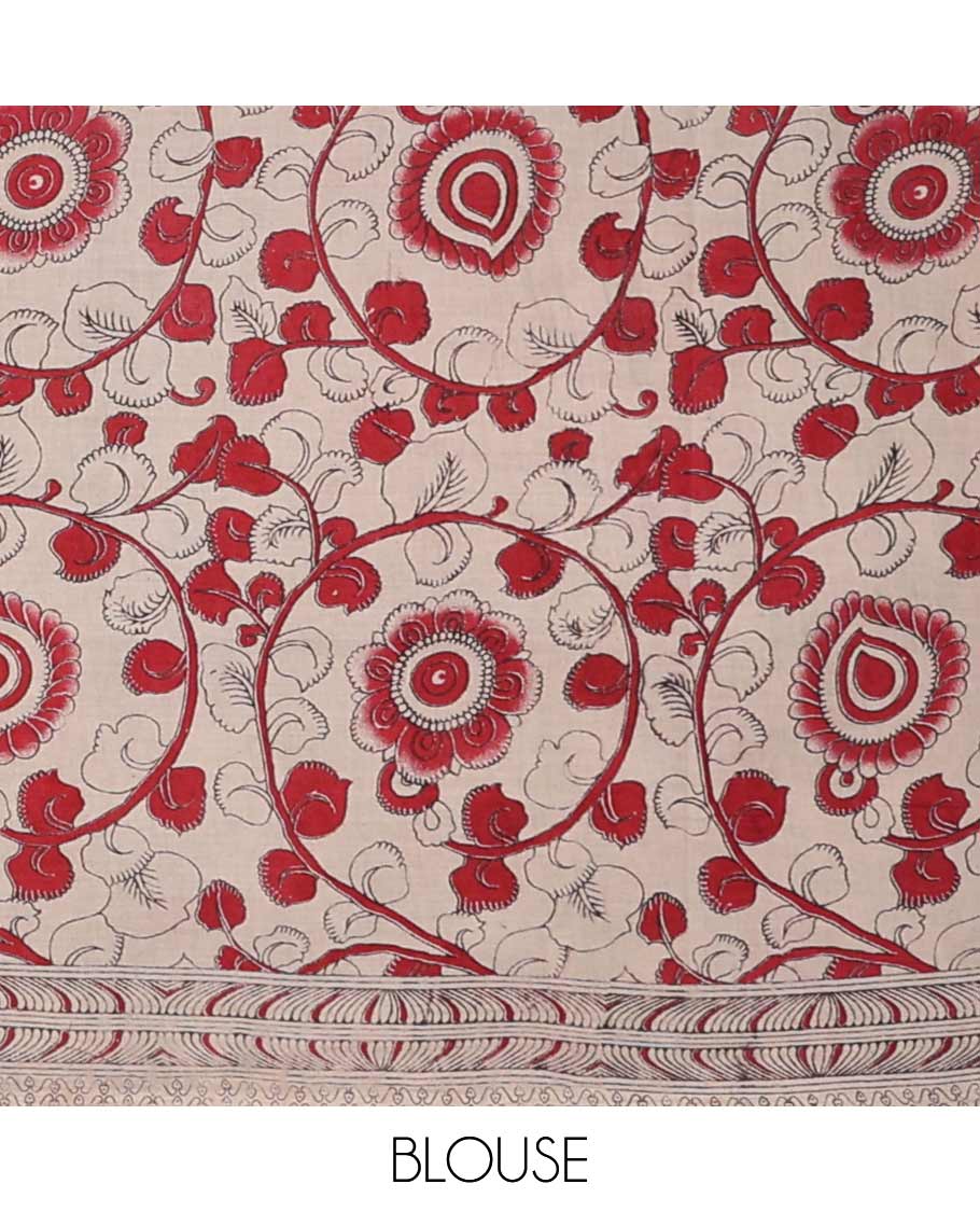 Green floral vine & animal motifs machine printed kalamkari cotton saree with contrast border & animal design pallu