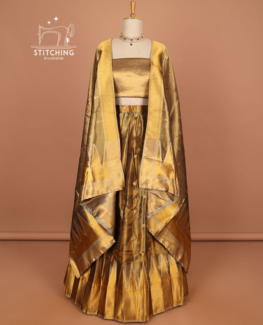 Brown buttas half saree with contrast temple border , zari design blouse & floral zari design dhavani
