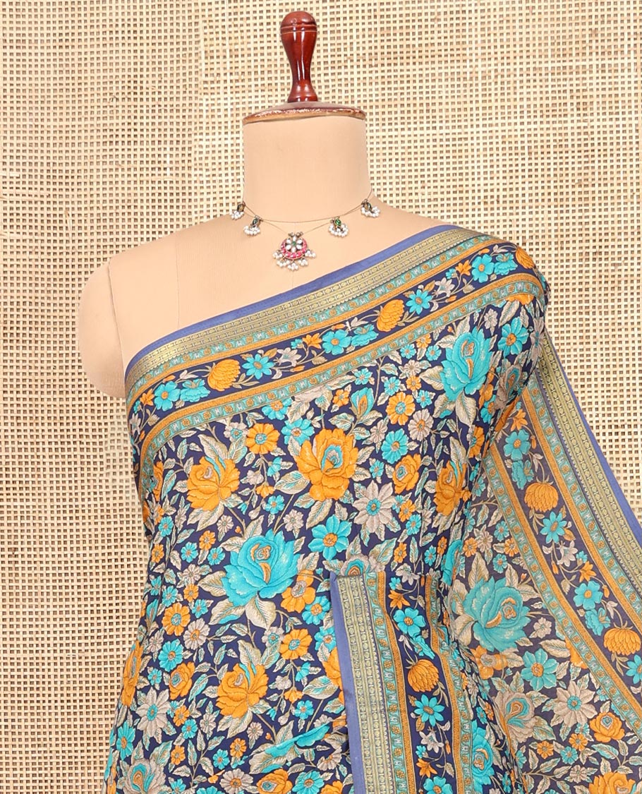 Blue Printed Silk Saree, Bedecked with Floral Vine Print, a Traditional Border, Floral Pallu, Matching Blouse