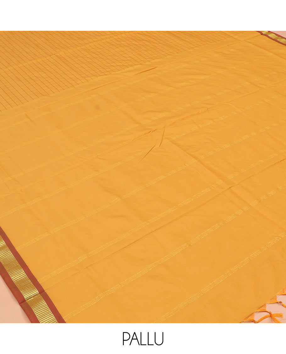 Yellow Checked Ten Yard Saree, Complemented by a Contrast Zari Border, Striped Pallu, and No Blouse