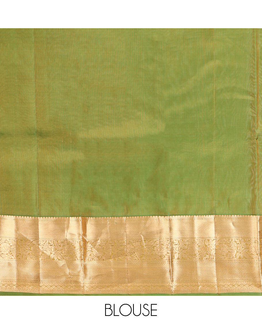 Yellow Vasundhara Lite Silk Mix Saree, Subtly Sparkled with Zari Buttas, Complemented by a Contrast Border of Thilakam Mokku, Muthu, Kodi Visiry, Diamond, and Kuyil Kann Designs, Beautifully Bedecked Pallu, and Paired with a Contrast Blouse