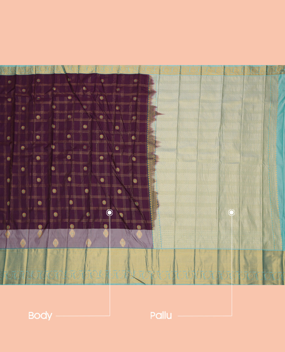 Purple Budget Silk Saree, Elevated with Zari Buttas Enclosed Checks, a Contrast Traditional Zari Border, Grand Pallu, and a Contrast Blouse
