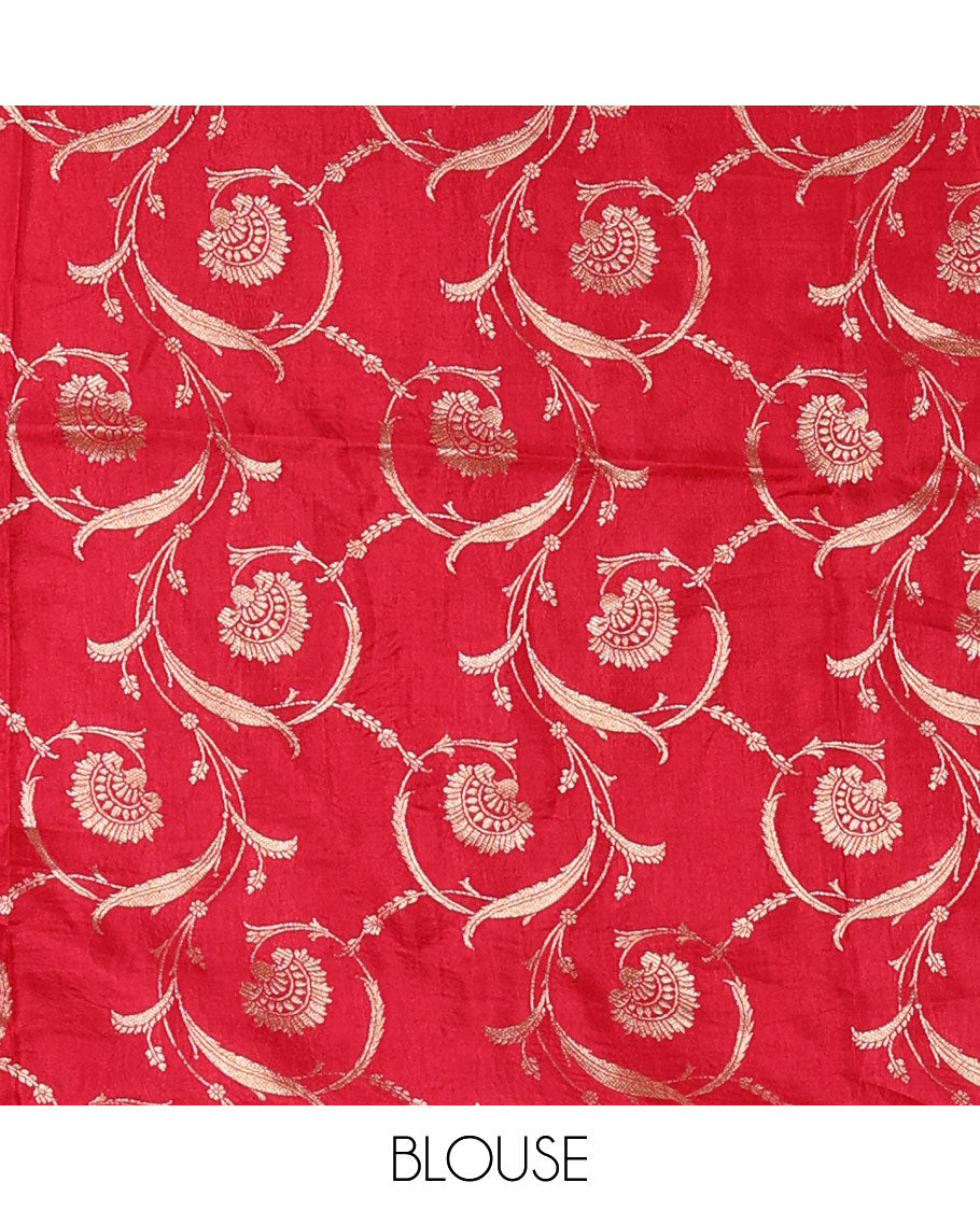 Orange plain Banarasi tissue silk saree, contrast traditional zari peacock border, zari striped pallu & floral jaal jacquard red blouse