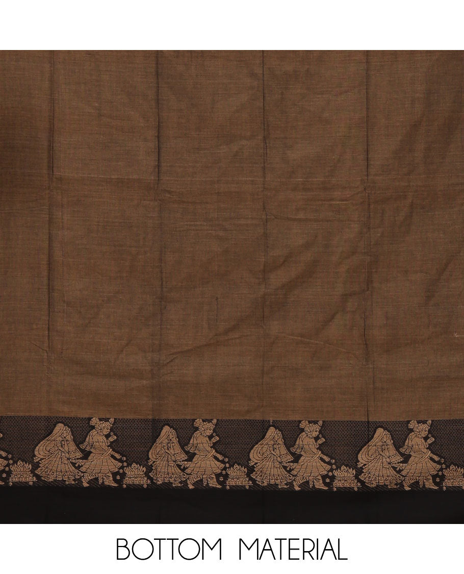 Walnut brown mercerised cotton material chudidar set, Madhubani-style bride-groom motif woven top, bottom & dupatta