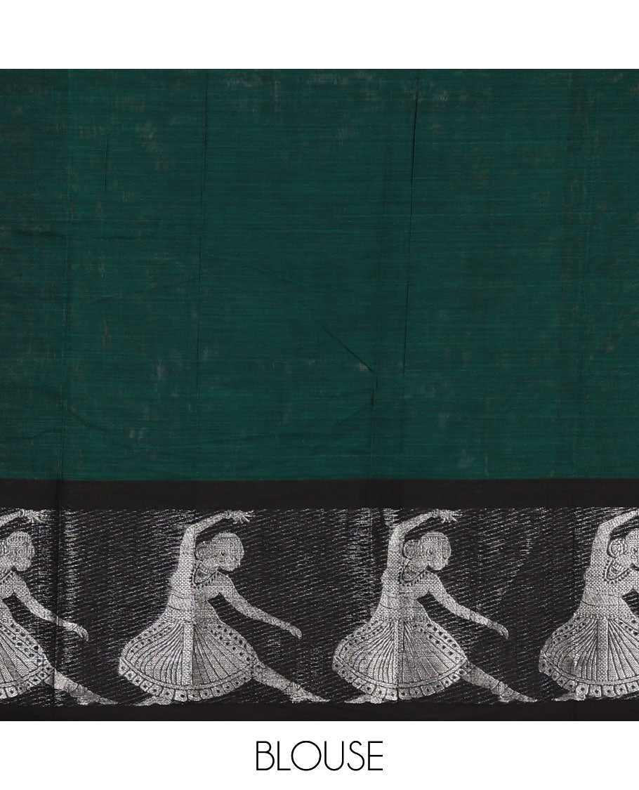 Green full-plain Mercerised cotton saree, contrast sliver zari Dancing Bharatanatyam girl motifs woven border, striped pallu & plain blouse