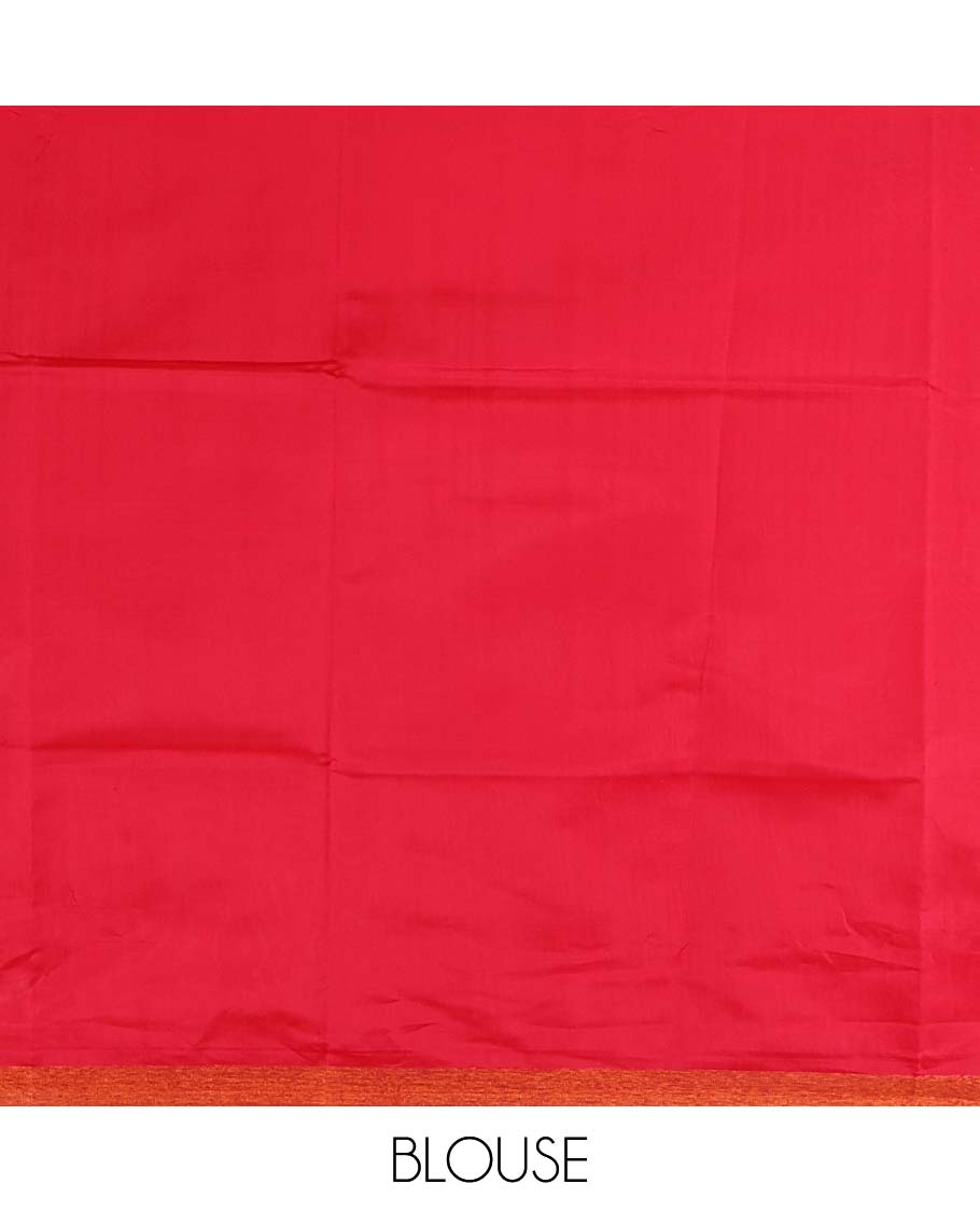Olive green six-petal-like leaf motifs printed micro-silk saree, copper zari border, contrast intricate pallu & plain red blouse