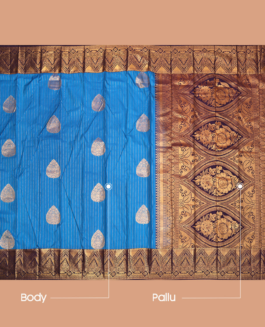 Blue Budget Silk Saree, Finely Crafted with Zari Buttas and Stripes, Complemented by a Contrast Traditional Border, Grand Pallu, and a Contrast Blouse