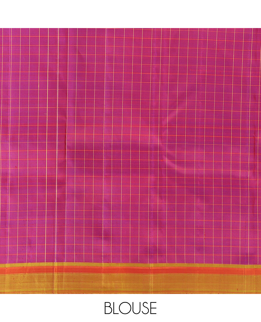 Purple Checked Kanchipuram Silk Saree, Complemented by a Contrast Border, Thazampoo Rekku Pallu, and Matching Blouse