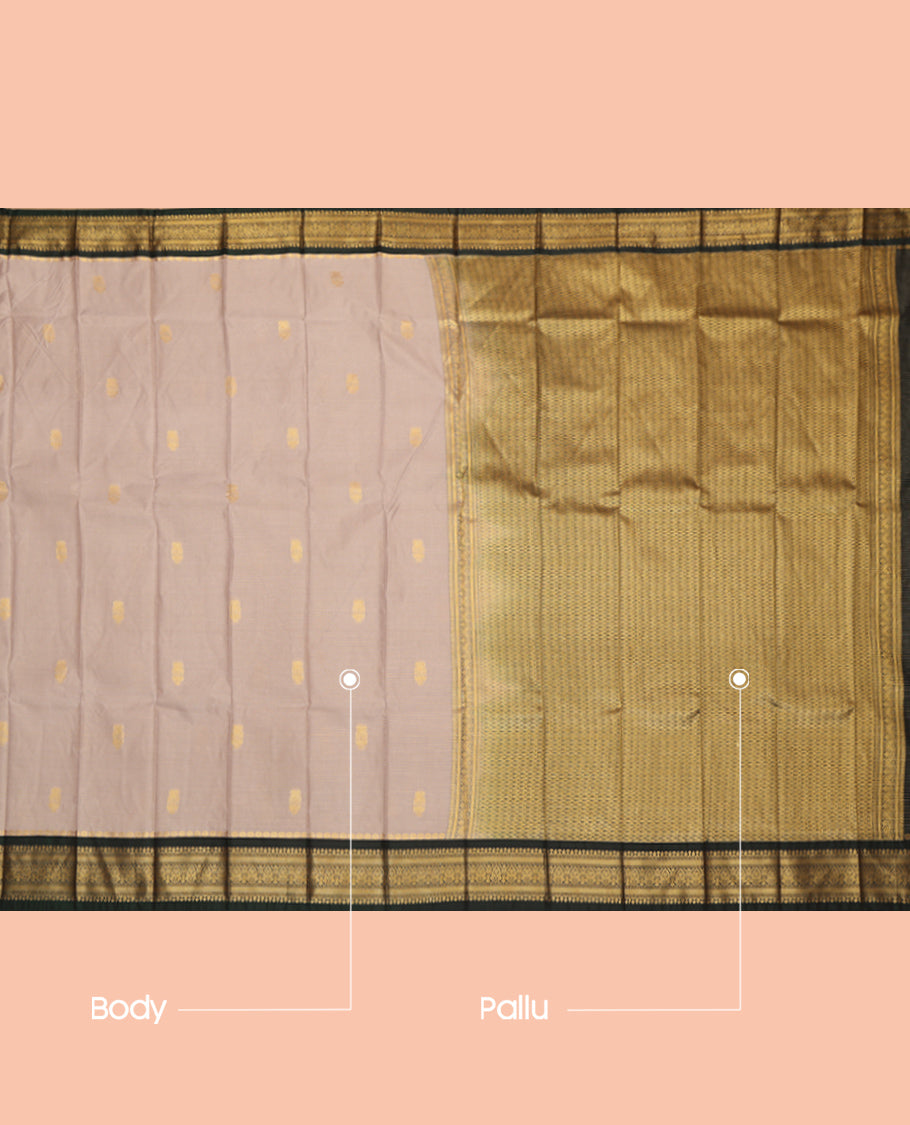 Grey Budget Silk Saree, Adorned with Zari Buttas and Stripes, Complemented by Contrast Traditional Zari Border, a Jaal Pallu and a Contrast Blouse