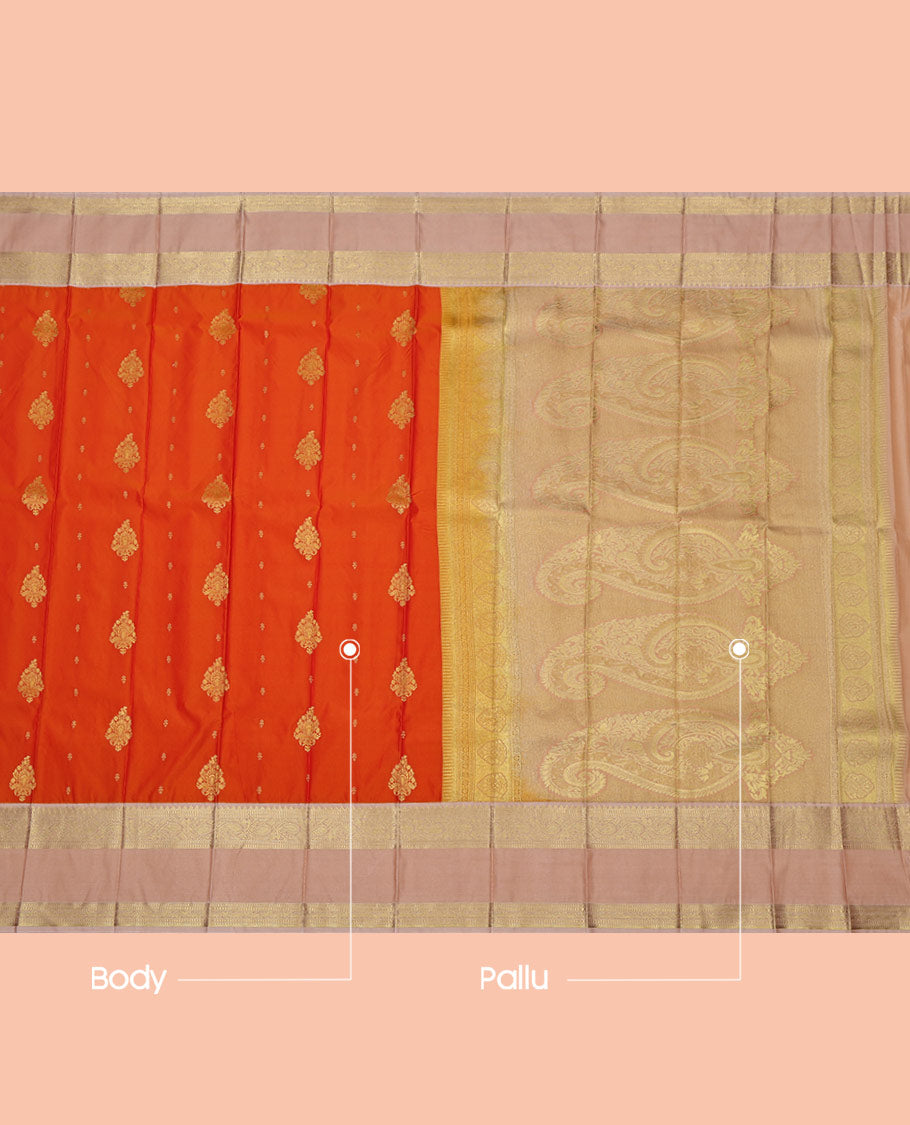 Orange Budget Silk Saree, Embellished with Zari Buttas on Its Body, Complemented by a Contrast Traditional Zari Design Rettai Pettu Border, Intricately Designed Pallu, and Paired with a Contrast Blouse