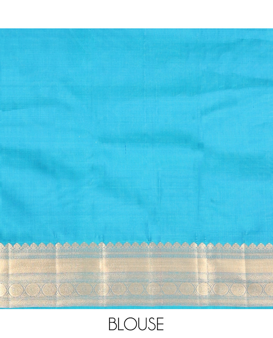 Blue Vasundhara Silk Mix Saree, Detailed with Zari Buttas All Over Its Body, Highlighted by Zari Border of Diamond and Chakram Designs, Grand Vanki Design Pallu, and Paired with a Matching Blouse