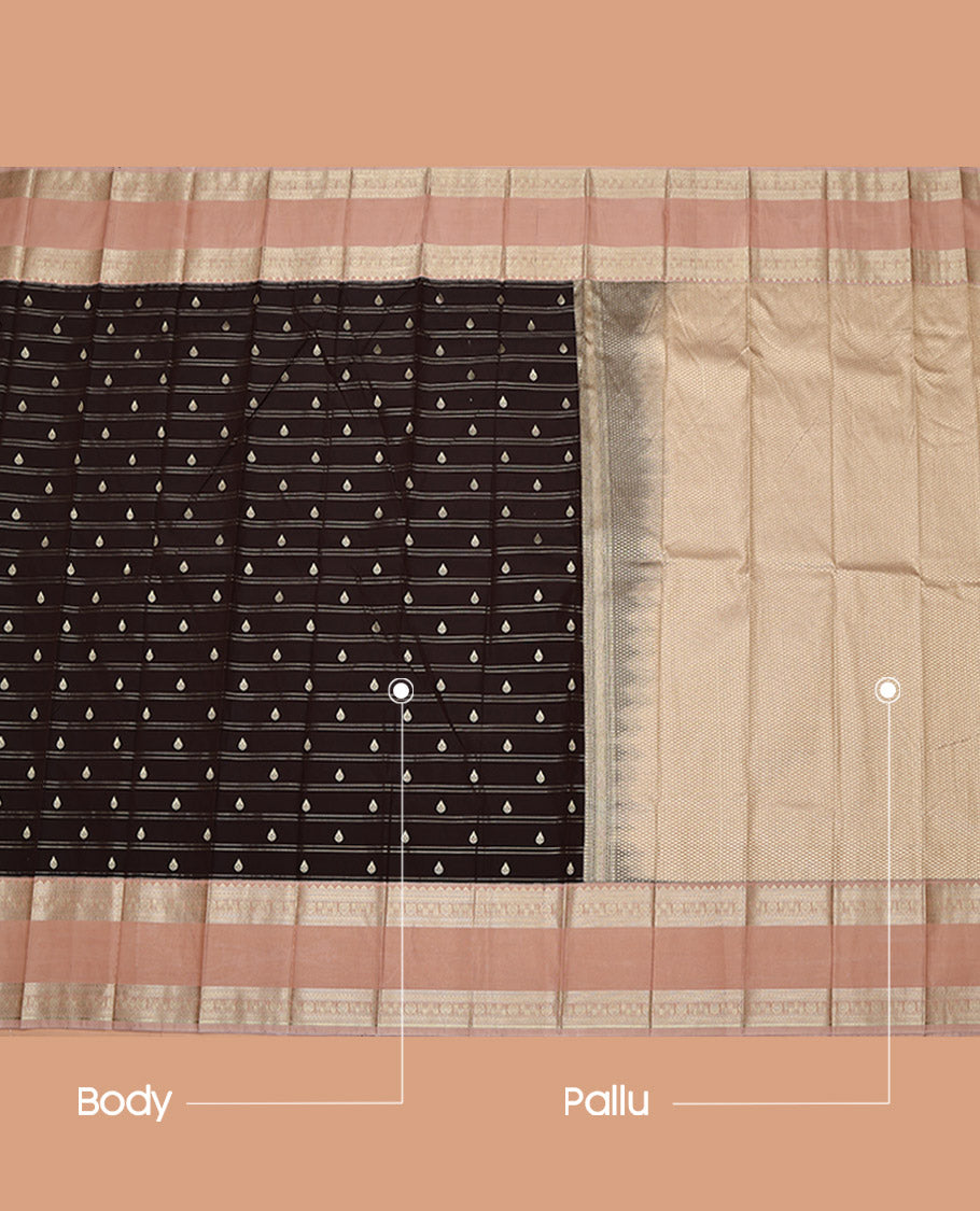 Chocolate Brown Budget Silk Saree, Richly Detailed with Zari Buttas and Stripes on Its Body, Complemented by a Contrast Traditional Zari Design Rettai Pettu Border, Pallu of Jaal Designs, and Paired with a Contrast Blouse