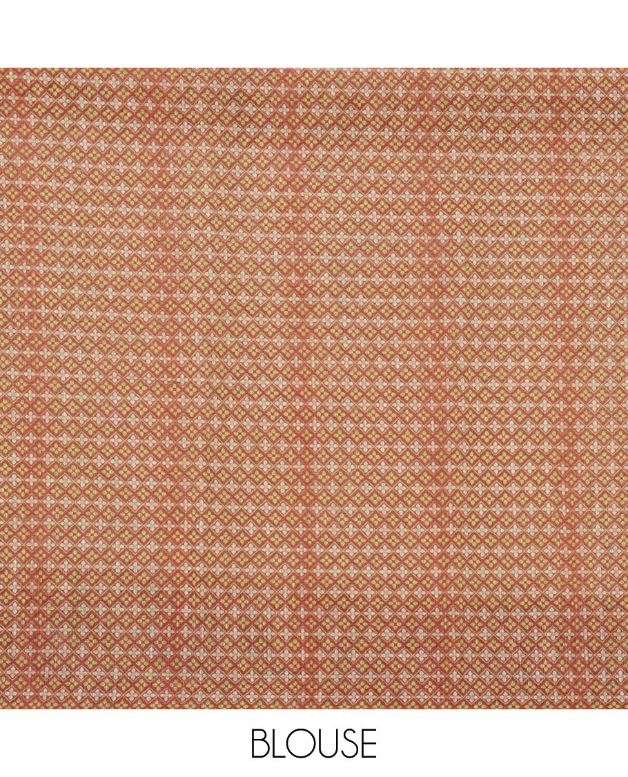 White half-plain & half-printed linen cotton saree, maroon-color diamond-patterned border, kalamkari-style flora-fauna printed pallu & diamond jaal printed blouse