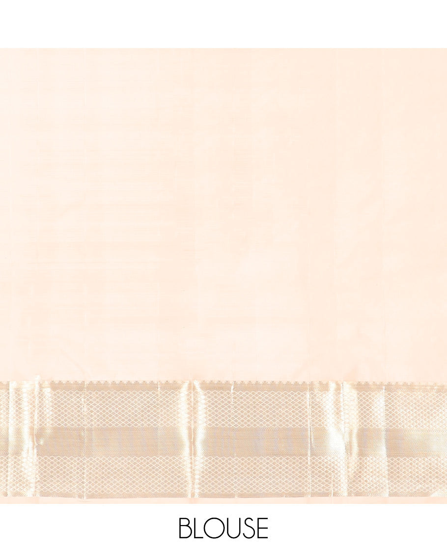 Cream floral vine design kancheepuram silk saree with self border of banaras, checked design border & floral design pallu