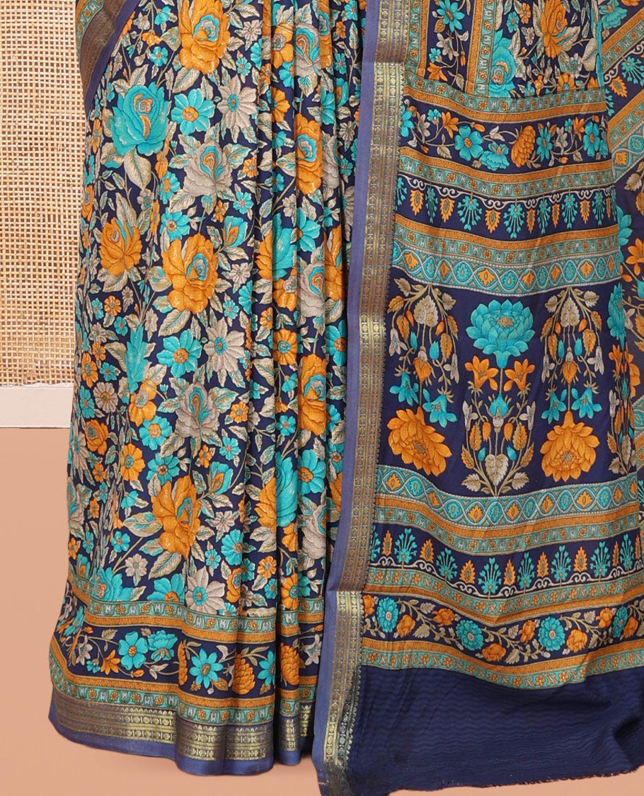 Blue Printed Silk Saree, Bedecked with Floral Vine Print, a Traditional Border, Floral Pallu, Matching Blouse