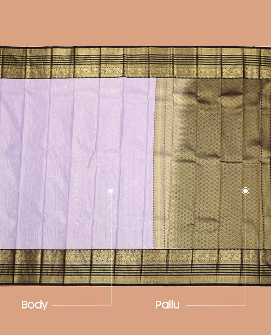 Light Grey Budget Silk Saree, Woven with Zari Buttas All Over Its Body, Complemented by a Contrast Traditional Zari Design Border, Grand Pallu, and Paired with a Contrast Blouse