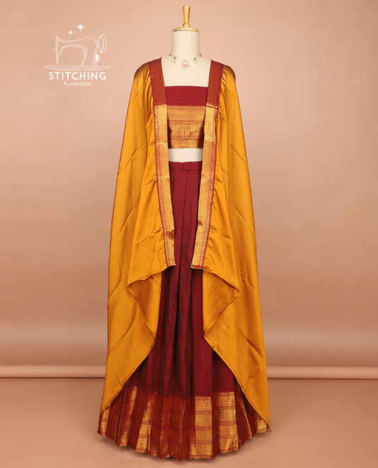 Red cotton half saree with contrast traditional zari design border, zari design blouse & zari design border dhavani