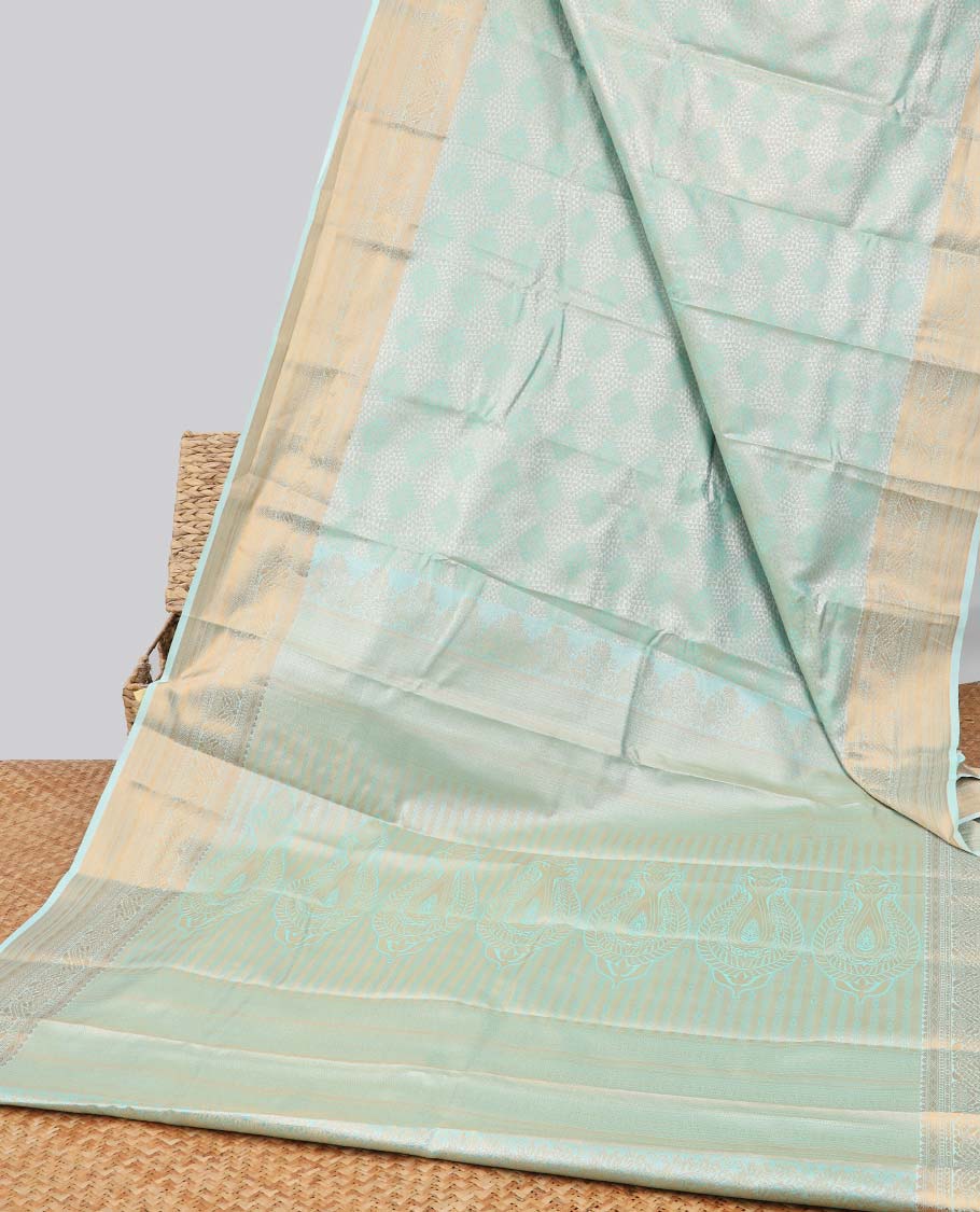 Blue geometric design budget silk saree with self zari border & floral zari design pallu