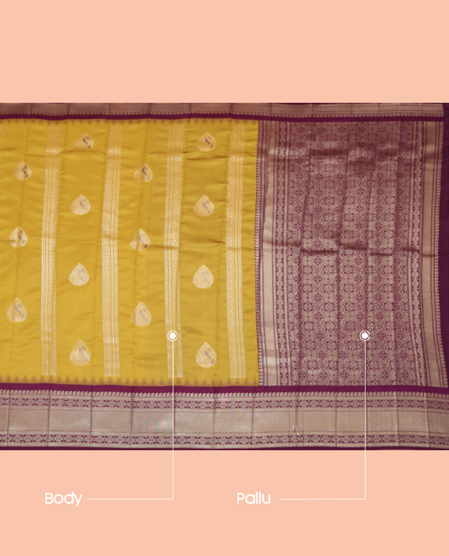Green Litchi Saree, Enriched with Zari Buttas and Stripes, a Contrast Traditional Zari Border, a Grand Pallu, and a Contrast Blouse