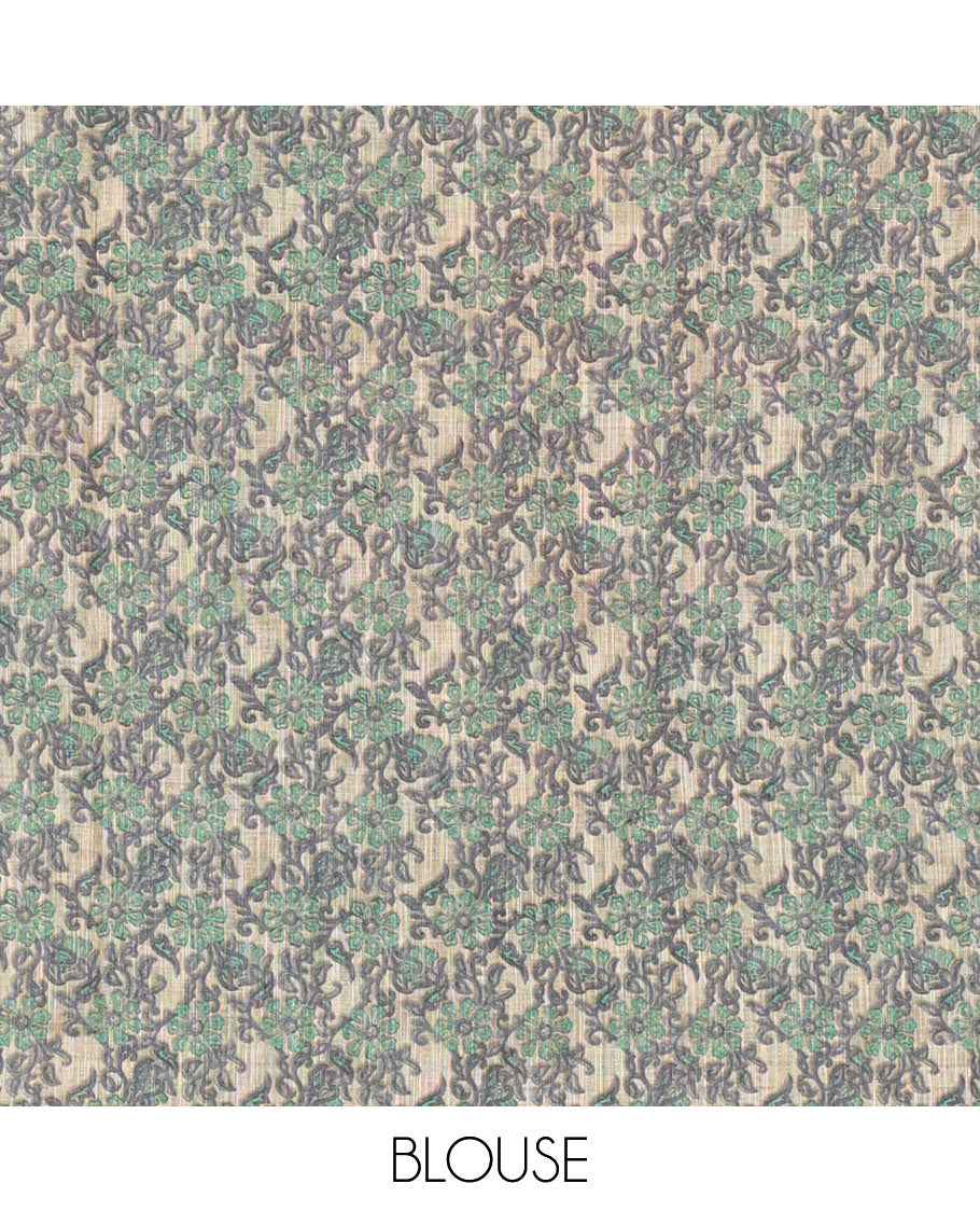 Borderless green batik printed linen cotton saree, hand brush painting style floral vine printed pallu, and contrast floral printed blouse