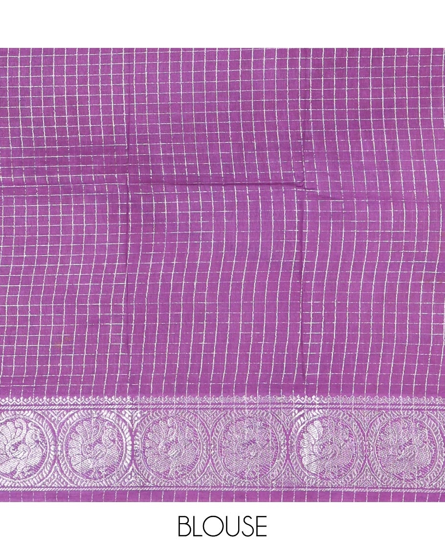Navy blue and lavender checked sungudi cotton saree, contrast silver zari round peacock border, striped pallu, and a contrast checked blouse
