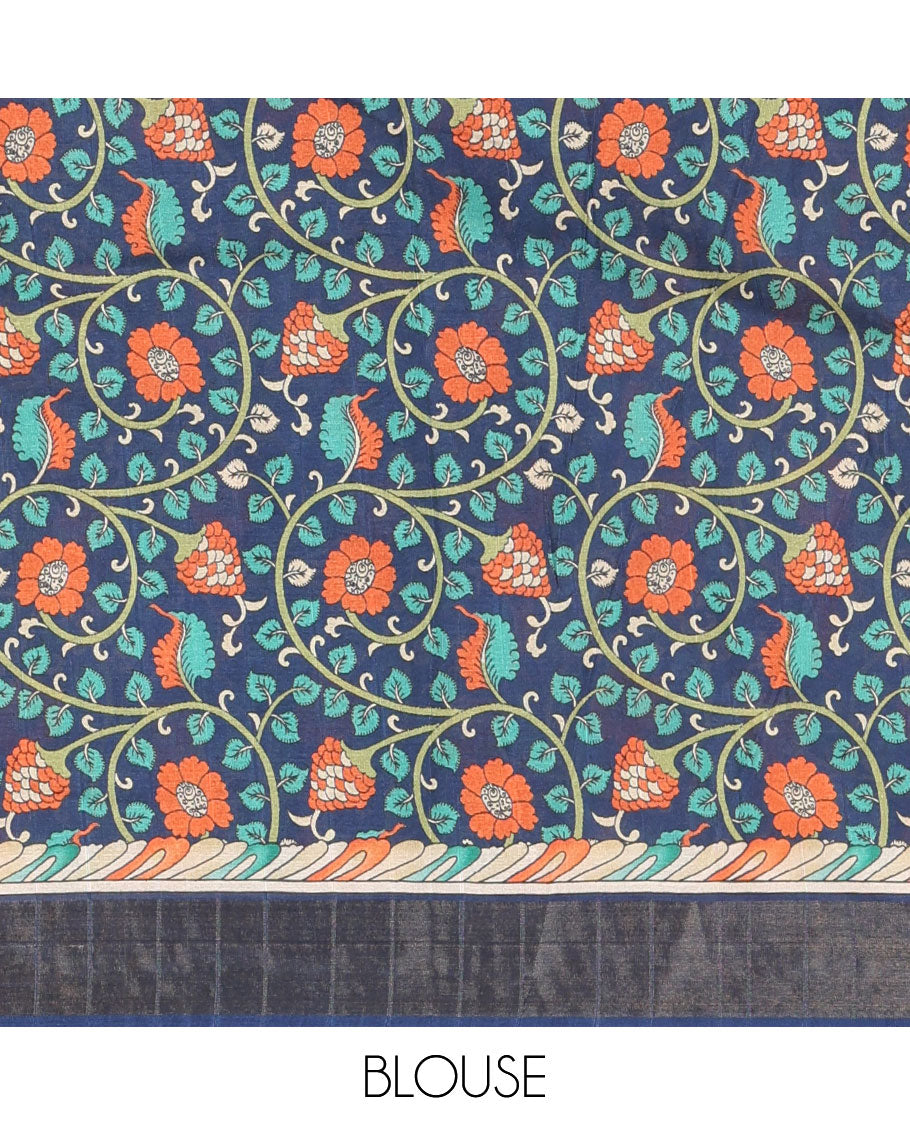 Mustard shibori-style printed soft-tussar saree, contrast zari border, kalamkari peacock printed pallu & kalamkari floral vine print contrast blouse
