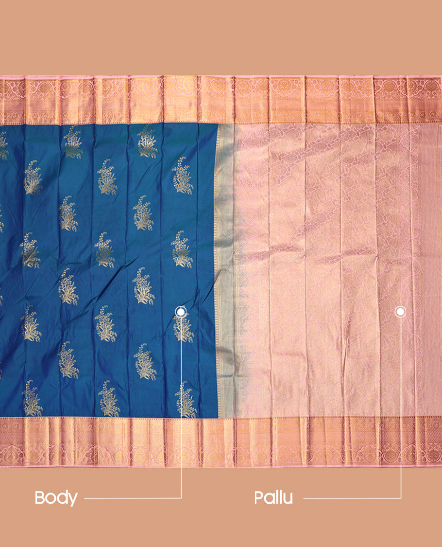 Blue Budget Silk Saree, Embellished with Zari Buttas, Contrast Traditional Zari Border, Grand Pallu, and a Contrast Blouse