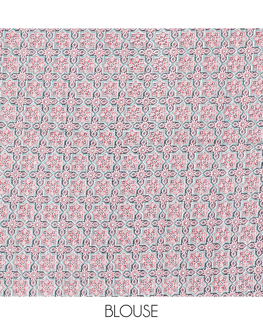 Borderless blue bandhani style floral, paisley, and chakra printed semi-jute silk saree, contrast ajrakh printed pallu, and ajrakh printed blouse