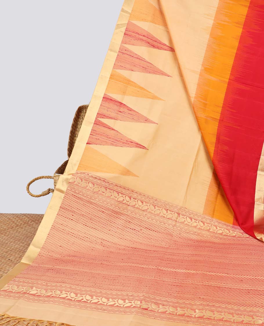 Multi-color soft silk saree with contrast temple border & sptriped pallu