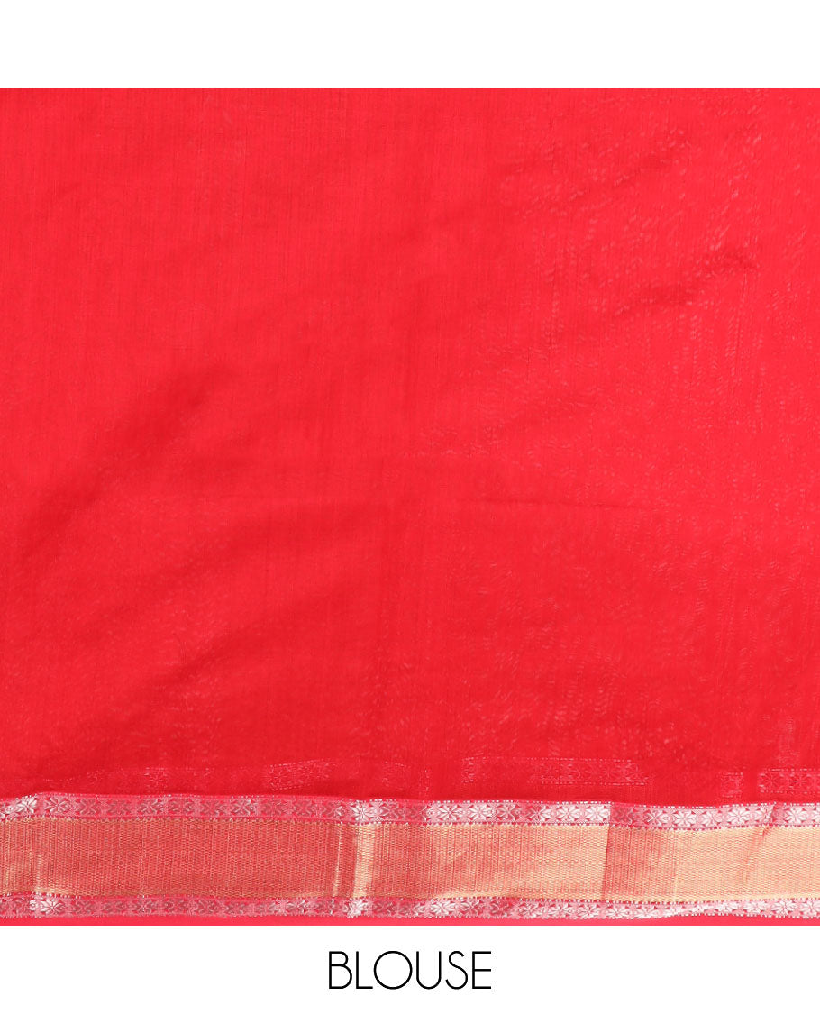 Red maheswari cotton saree with self zari design border & striped pallu