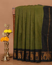 Olive green zari checked sungudi cotton saree, contrast temple & elephant motifs border, zari striped pallu & zari design contrast blouse