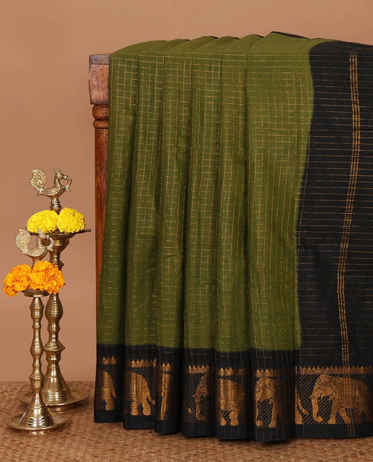 Olive green zari checked sungudi cotton saree, contrast temple & elephant motifs border, zari striped pallu & zari design contrast blouse