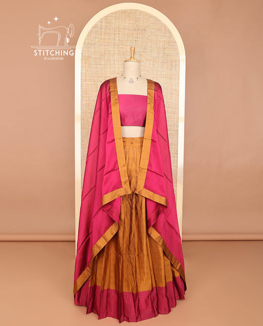Brown striped half saree with contrast border, plain blouse & plain, checked border dhavani