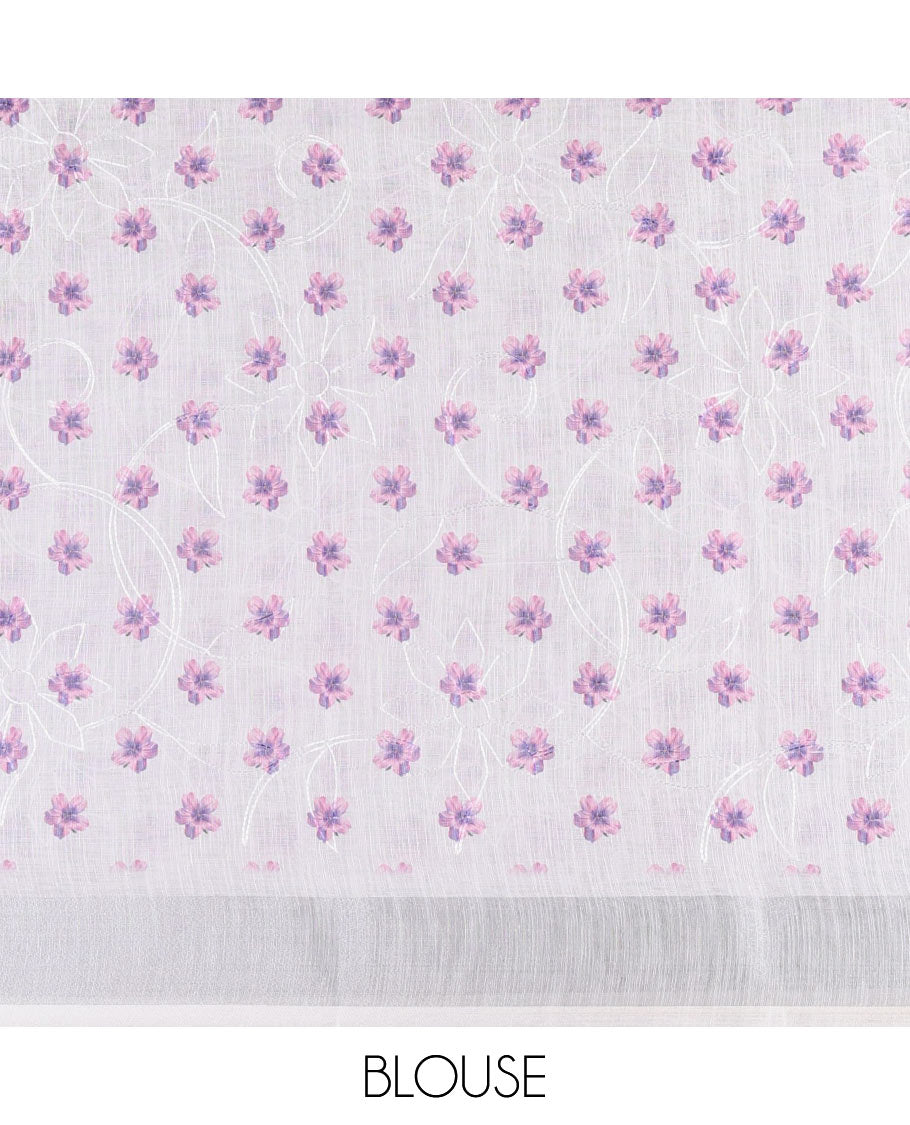 White big flower printed with Chikankari-style thread floral embroidered linen cotton saree, zari bavanji border, and blouse of print and embroidery work