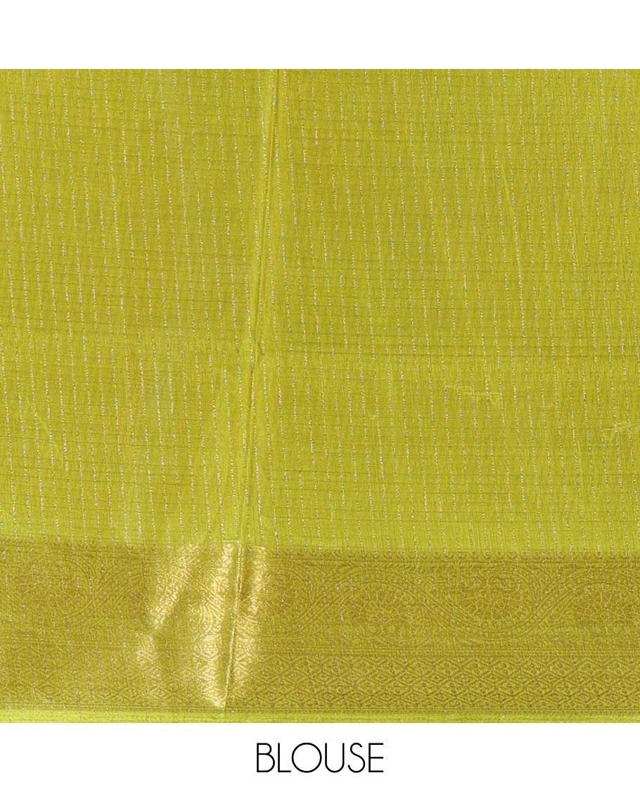 Rama green zari striped & uniquely printed soft tusser saree,contrast traditional zari border,kalamkari floral print pallu & zari design blouse