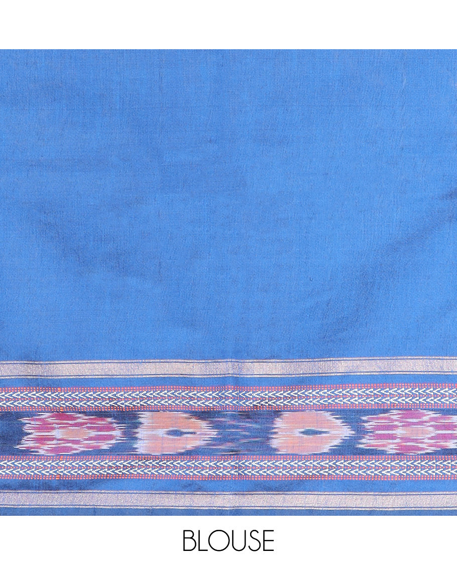 Pink Plain Dupion Silk Saree, Captivated by a Contrast Temple Border of Geometric Patterns and Ikkat Weave, Pallu Depicting Floral Ikkat Designs, and Paired with a Contrast Blouse