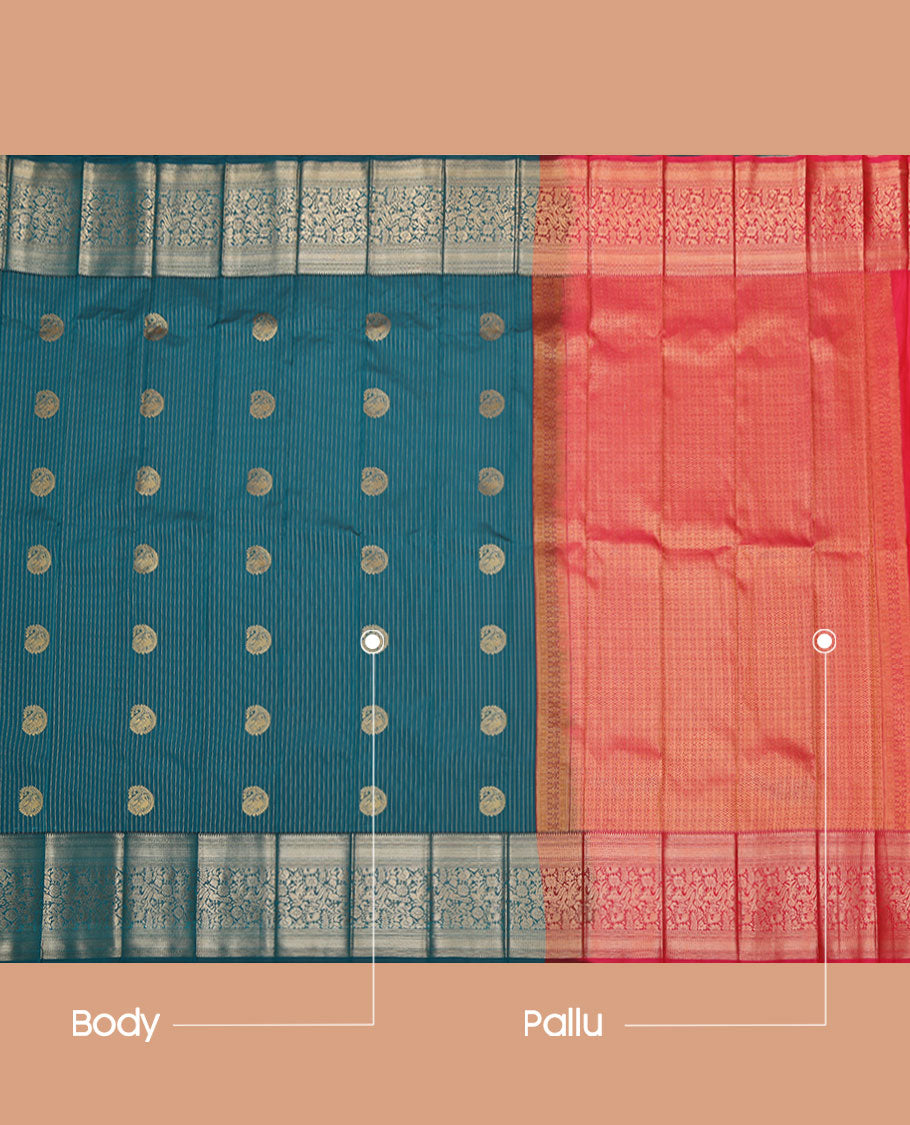 Blue Budget Silk Saree, Woven with Zari Stripes and Paisley Buttas All Over Its Body, Highlighted by a Traditional Zari Design Border, Contrast Pallu of Jaal Designs, and Paired with a Contrast Blouse