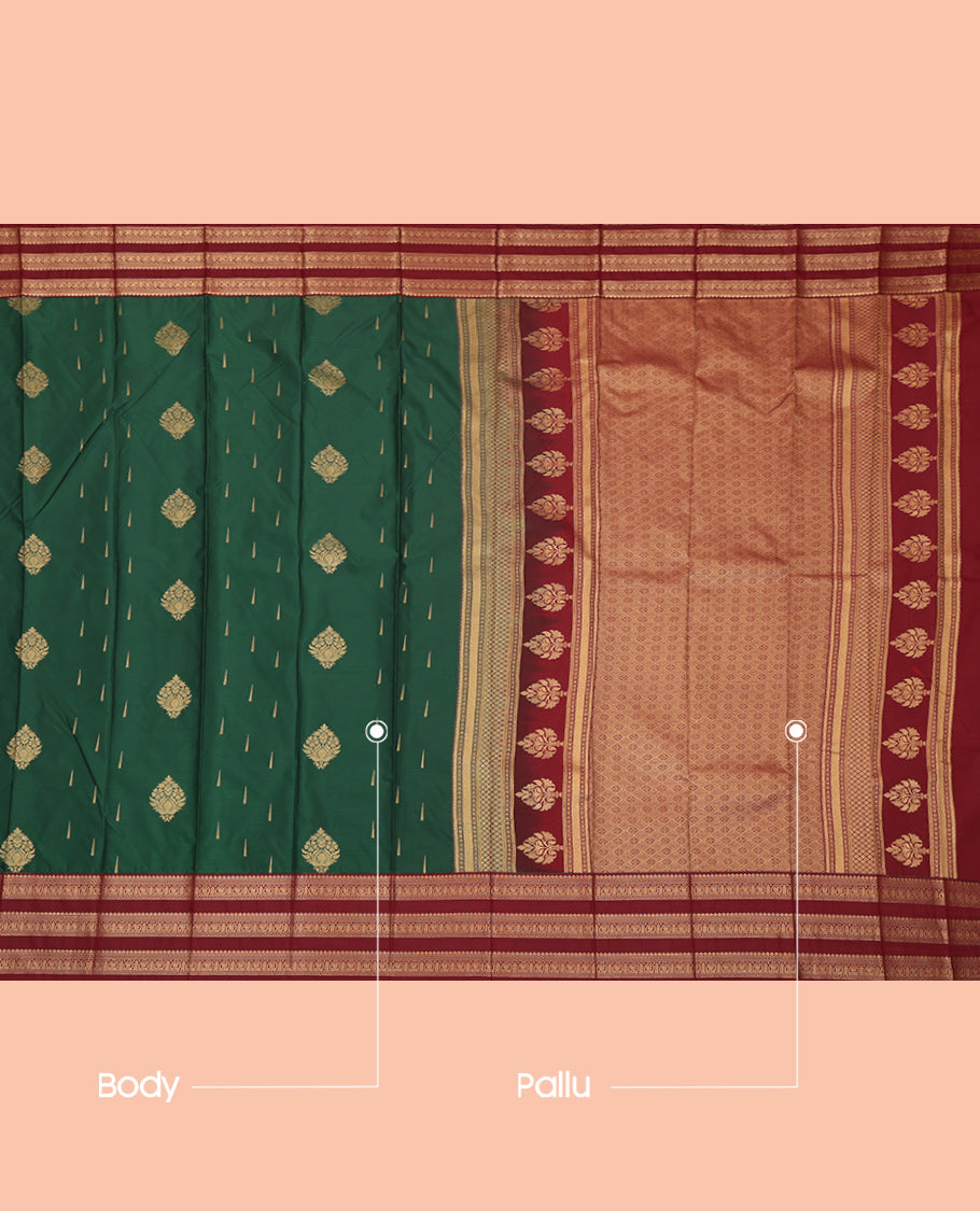 Green Budget Silk Saree, Detailed with Zari Buttas, a Contrast Traditional Zari Border, Intricate Pallu, and a Contrast Blouse