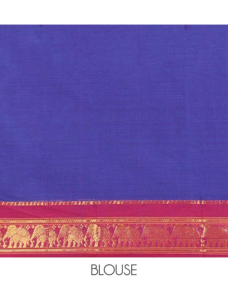 Blue cotton half saree with contrast zari border, plain blouse & plain with zari border dhavani