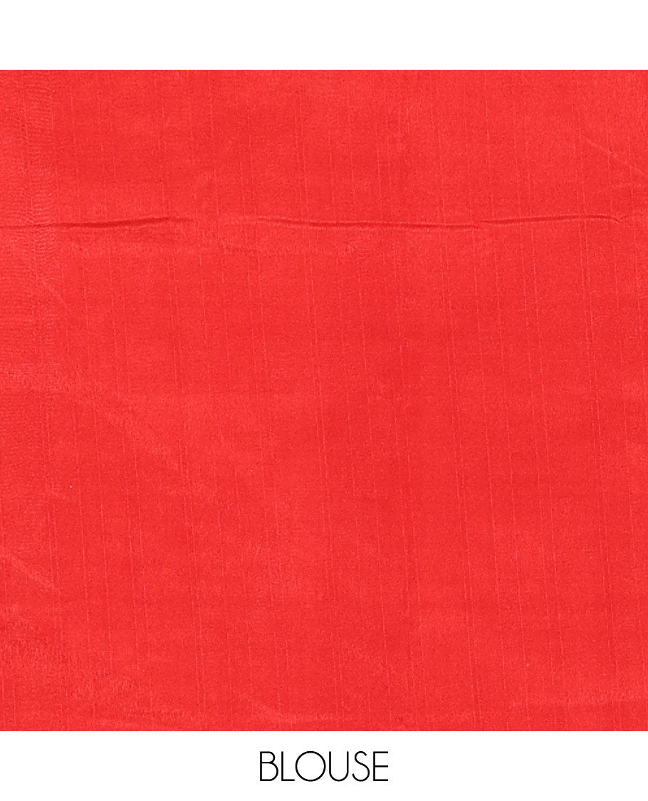 Chikku color swastika & Hindi typography printed jute cotton saree, contrast printed border, printed pallu & plain red blouse